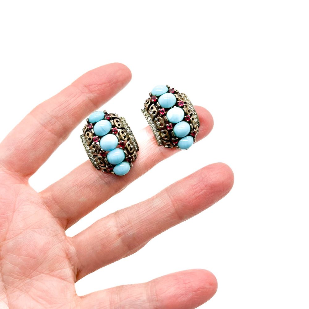 Vintage Crown Trifari Turquoise Brooch and Earrings
