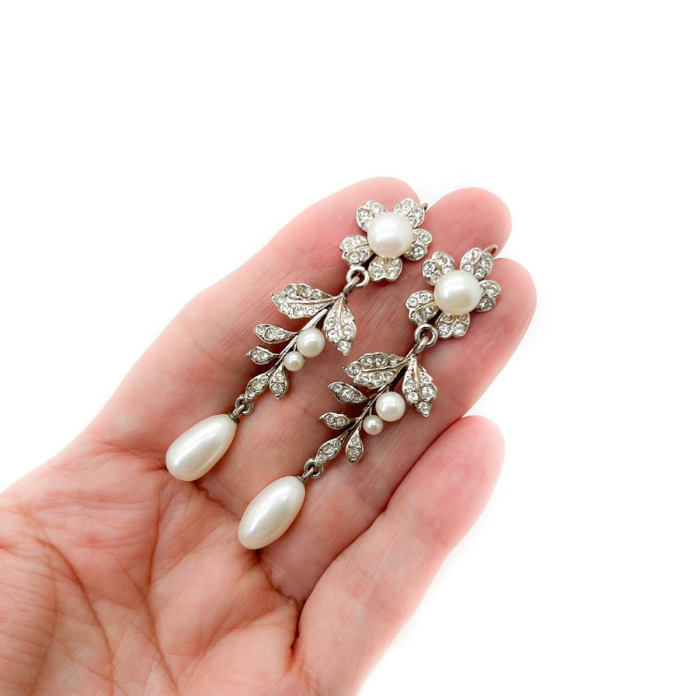 Vintage Silver Pearl Floral Earrings