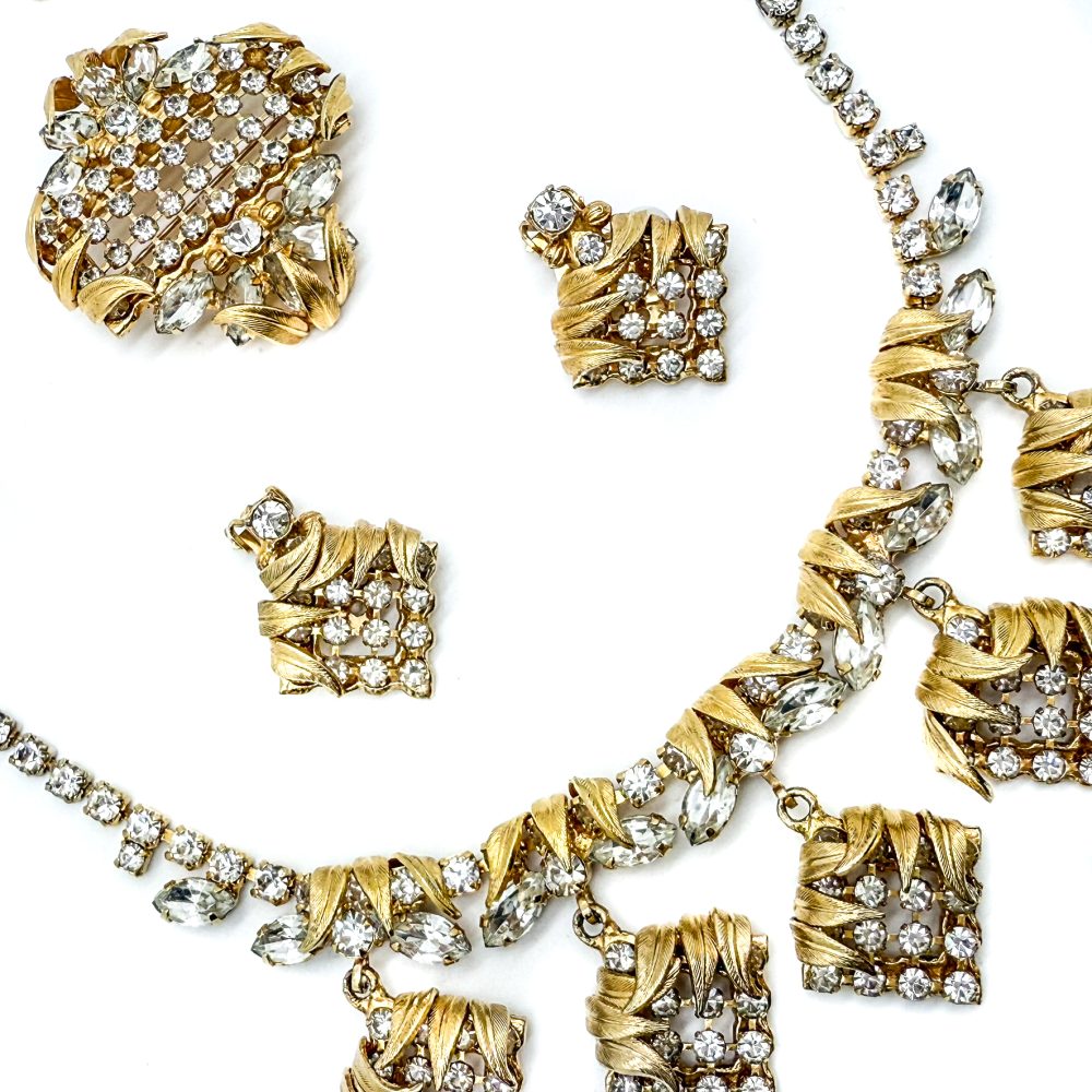 Vintage Lattice Leaf Crystal Parure