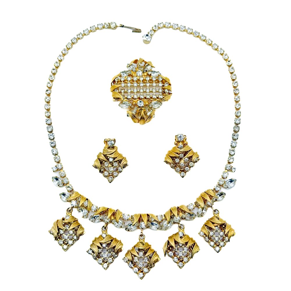Vintage Lattice Leaf Crystal Parure
