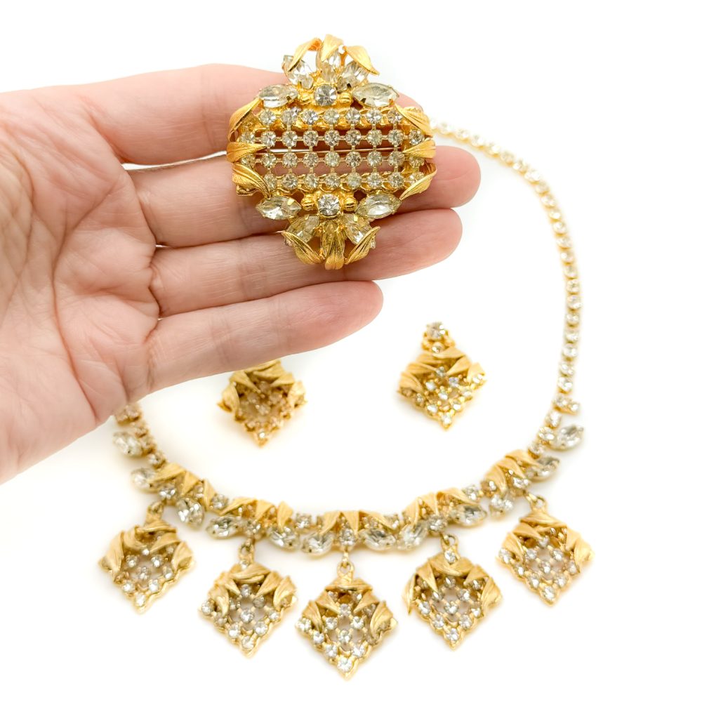 Vintage Lattice Leaf Crystal Parure