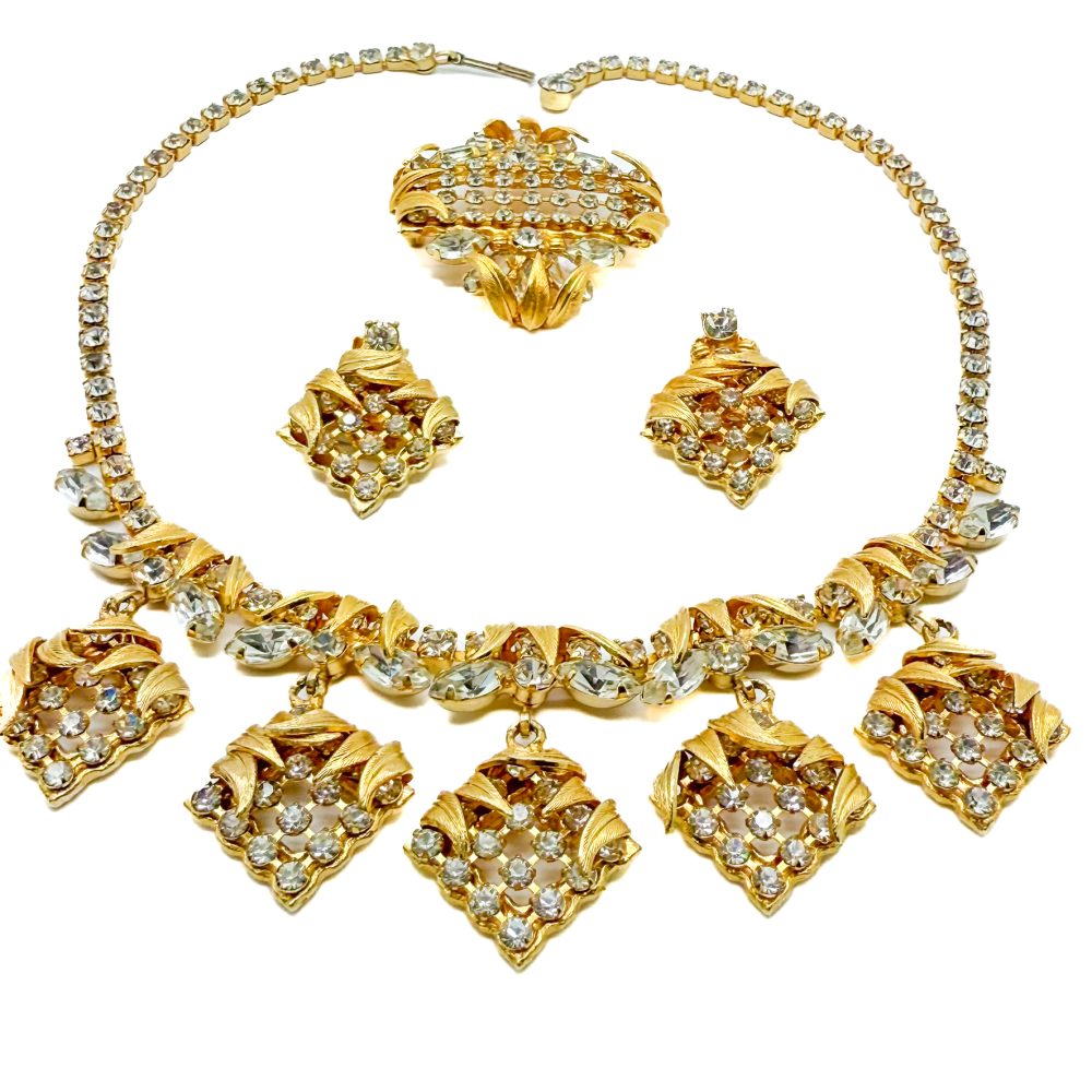 Vintage Lattice Leaf Crystal Parure