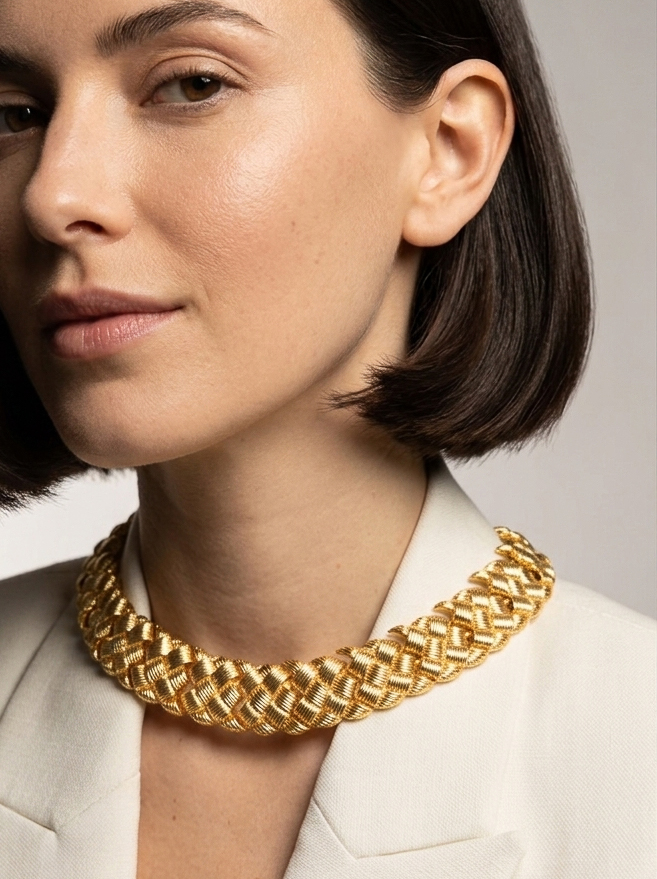 vintage chunky gold collar pictured on woman with a white shirt
