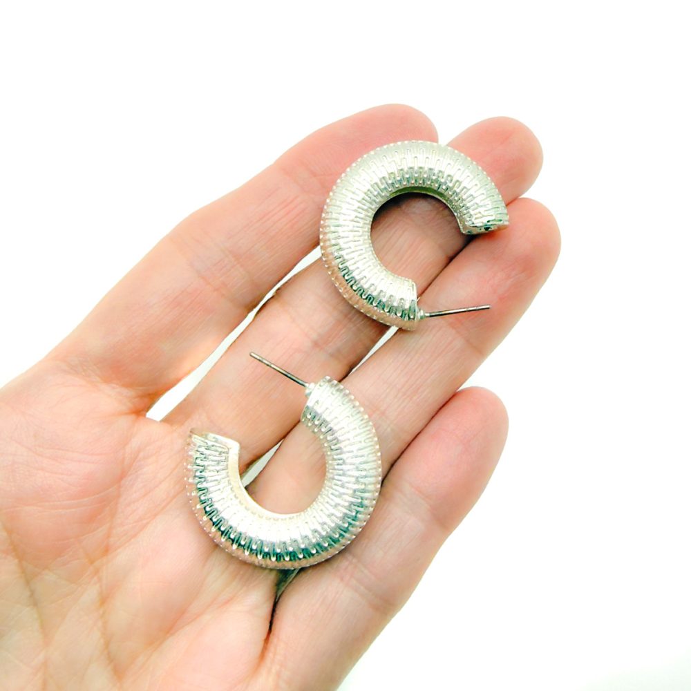 Chunky Ribbed Silver Hoop Earrings