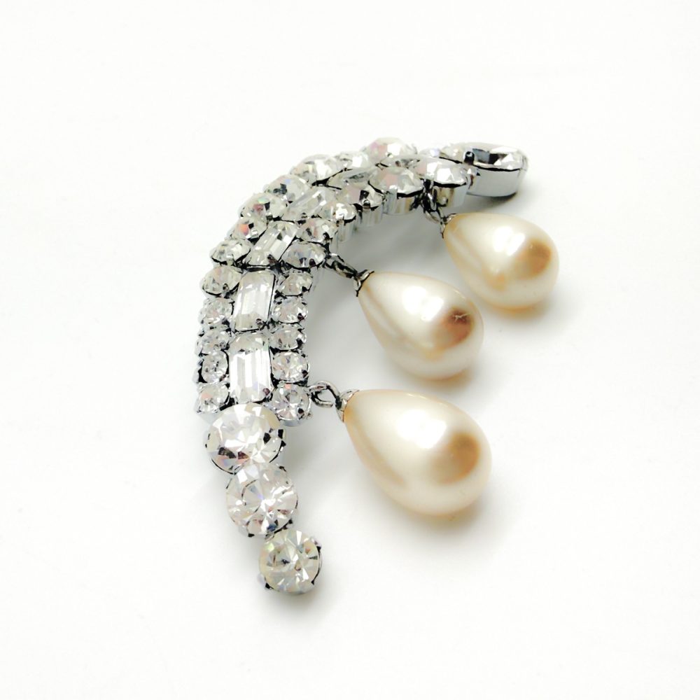 Vintage French Crystal & Pearl Drop Brooch